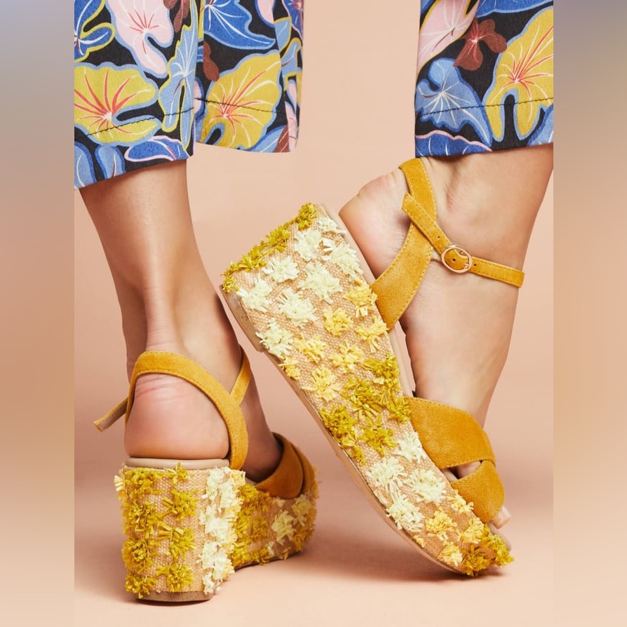 Anthropologie Floral Platform Wedge Sandals Yellow Embellished